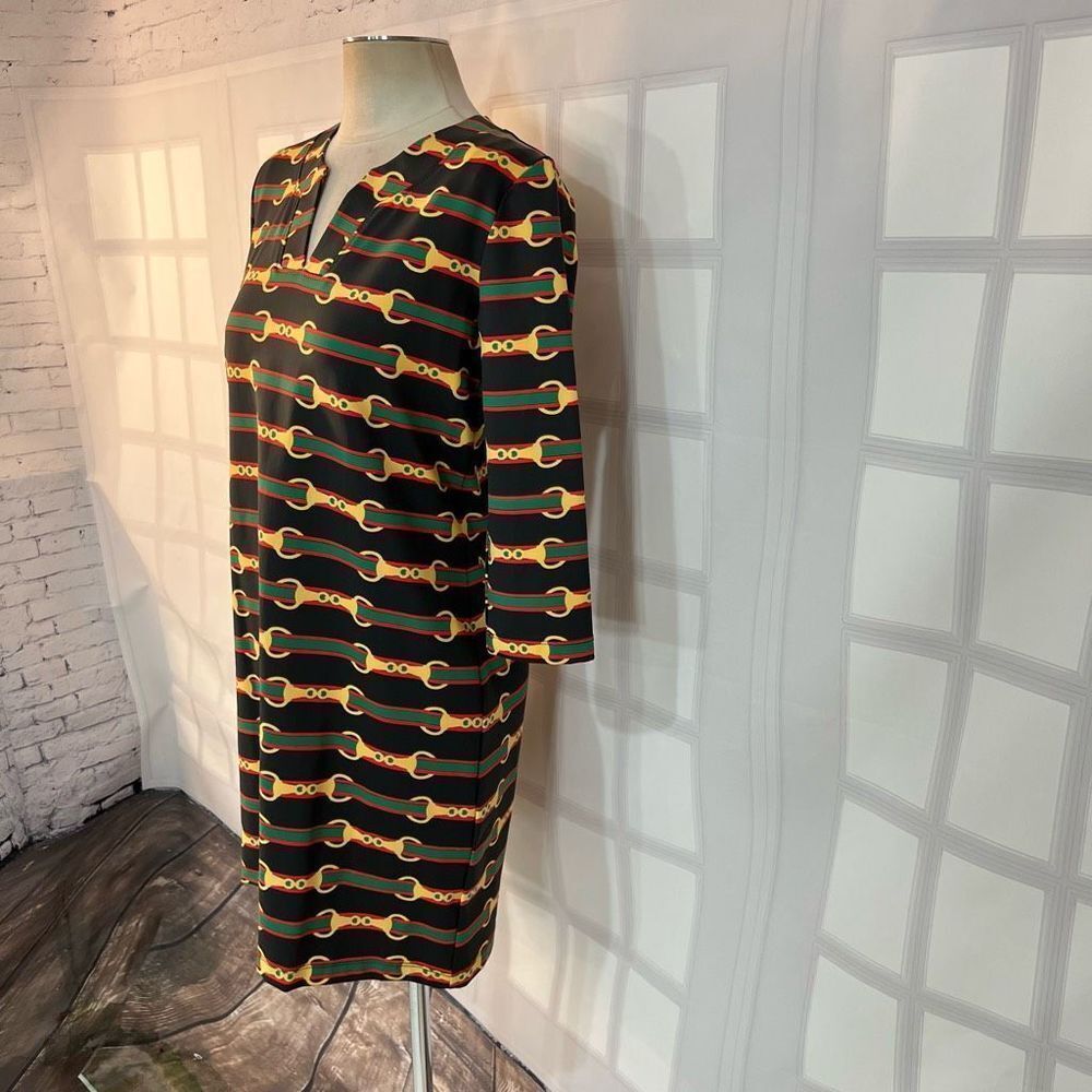 Sailor-Sailor black 3/4 sleeve red green striped chain print shift dress size sm - Picture 3 of 9